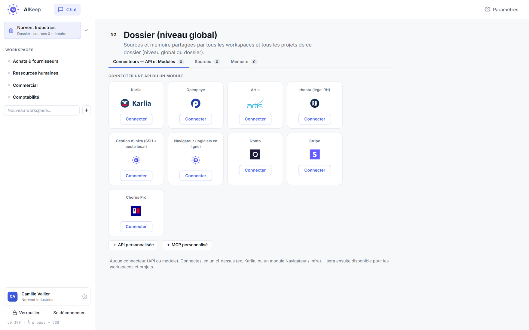 Écran des connecteurs : API métier, services bancaires, encaissement, information légale, pilotage de navigateur et administration système.