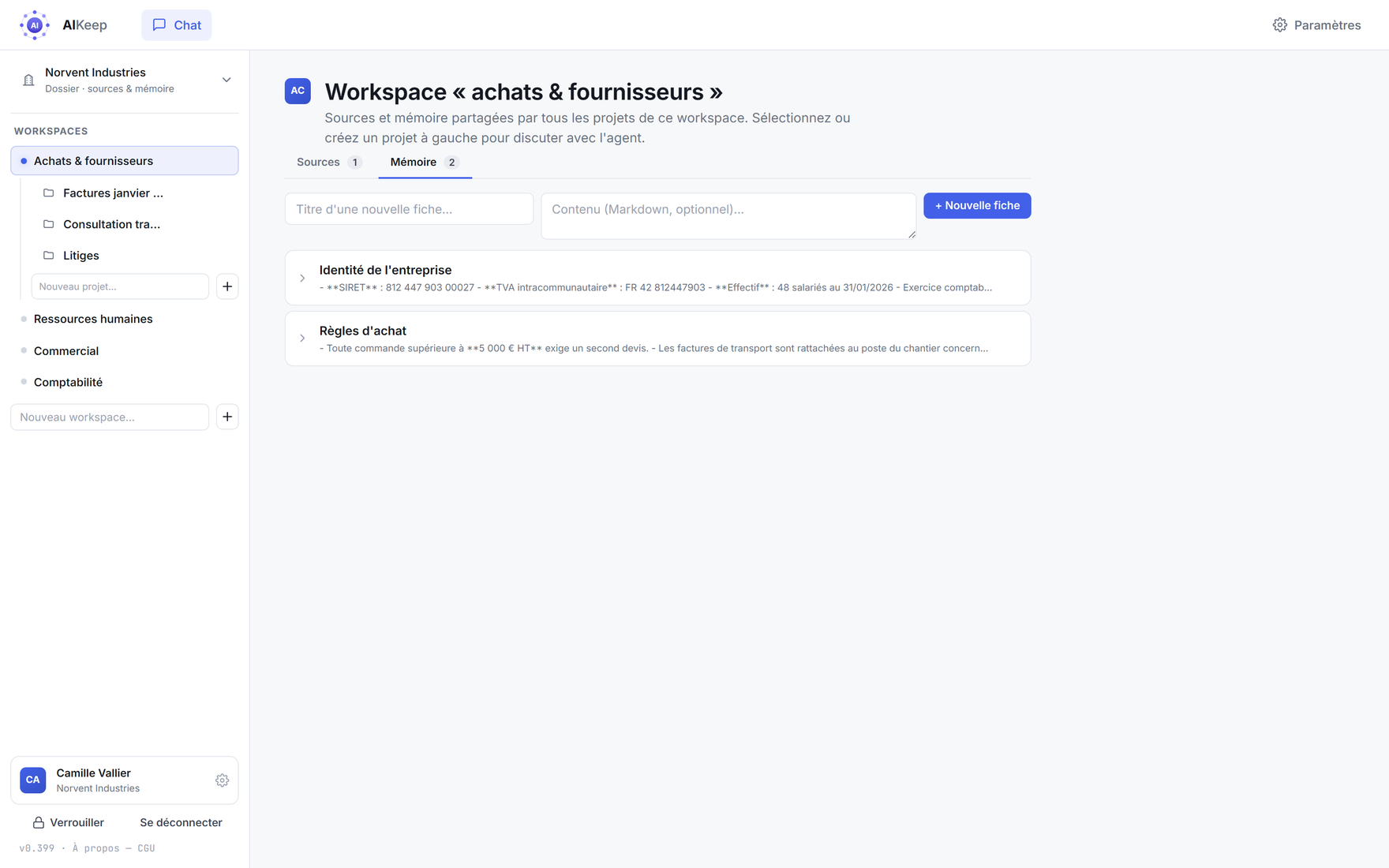 Fiches de connaissance rattachées à un espace de travail, héritées par l'ensemble de ses projets.