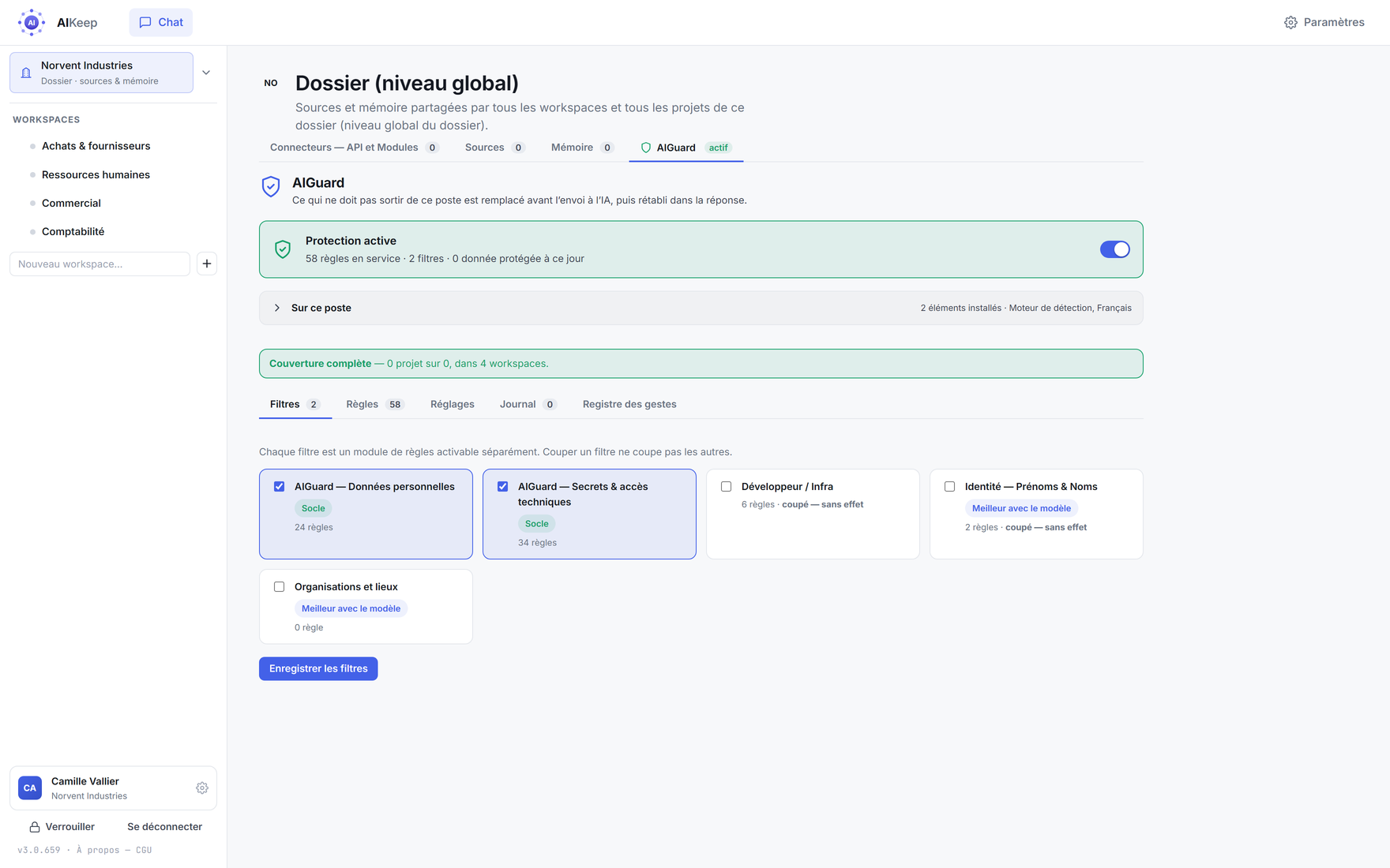 Écran AIGuard d'un Dossier : bandeau « Protection active » avec le nombre de règles en service, éléments installés sur le poste, couverture des workspaces, et les cinq filtres que l'on arme ou coupe.