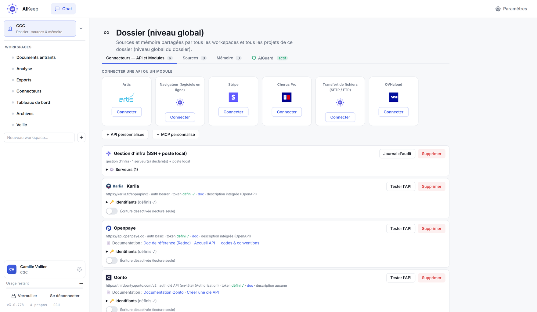 L'onglet « Connecteurs — API et Modules »