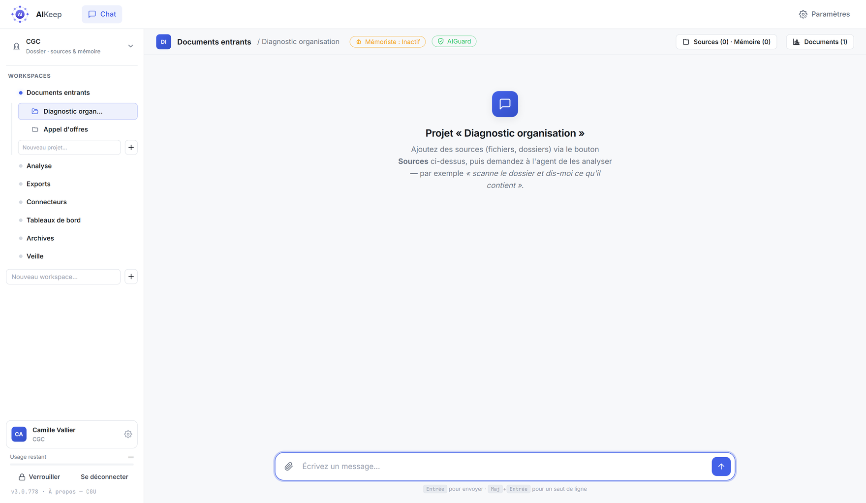 L'écran de travail : navigation à gauche, conversation au centre