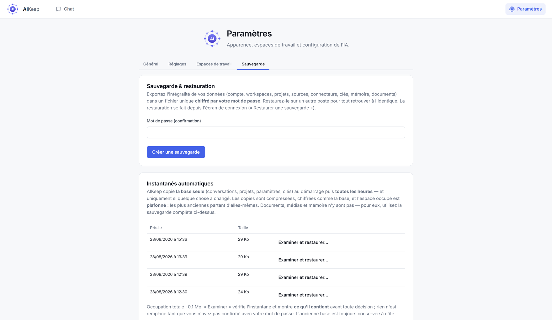 L'onglet « Sauvegarde »